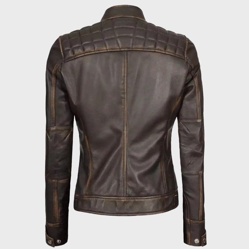 Womens Quilted Shoulder Distressed Leather Jacket Leather Jacket women detail view 5 | Dash Racegear — Womens Quilted Shoulder Leather Distressed Jacket