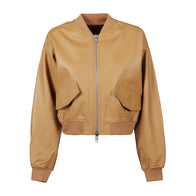 Women Tan Brown Bomber Leather Jacket Bomber Jacket women front product view | Dash Racegear — Tan Brown Leather Bomber Jacket