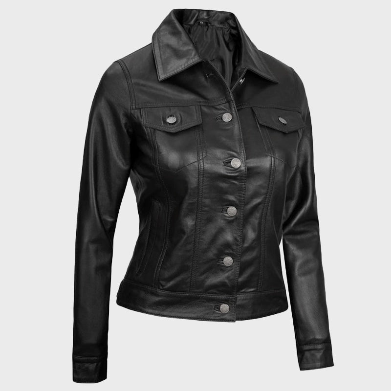 Women Black Leather Trucker Jacket Jacket women detail view 3 | Dash Racegear — Women Black Trucker Leather Jacket
