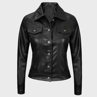 Women Black Leather Trucker Jacket Jacket women detail view 4 | Dash Racegear — Women Two Pocket Black Leather Trucker Jacket
