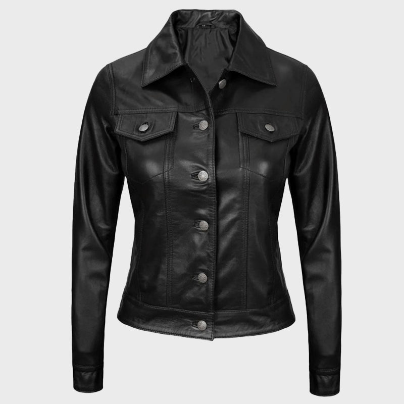 Women Black Leather Trucker Jacket Jacket women detail view 4 | Dash Racegear — Women Two Pocket Black Leather Trucker Jacket