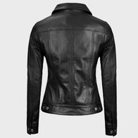 Women Black Leather Trucker Jacket Jacket women detail view 5 | Dash Racegear — Women Two Pocket Black Trucker Leather Jacket