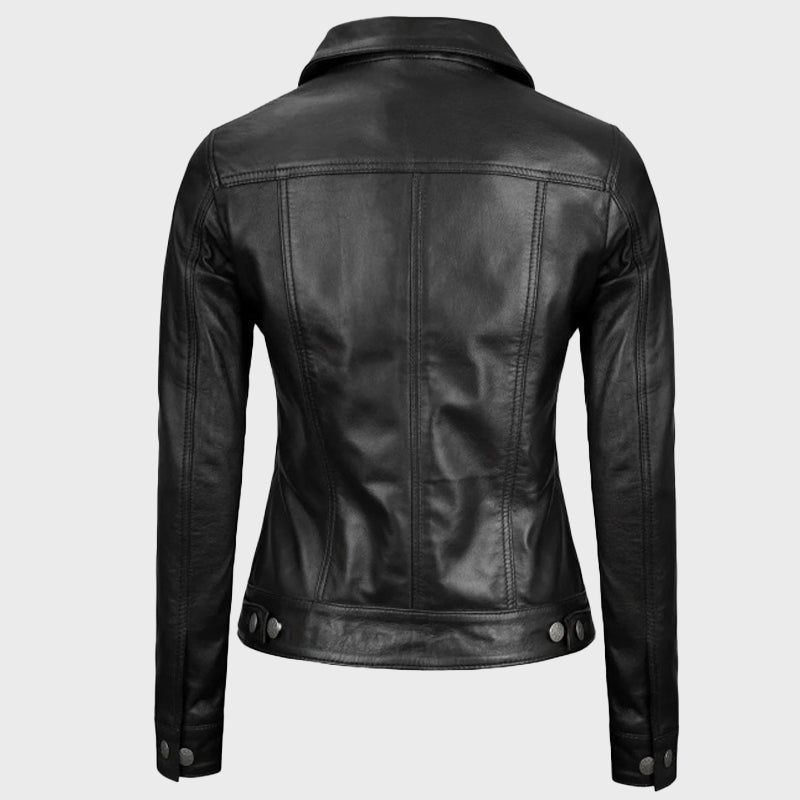 Women Black Leather Trucker Jacket Jacket women detail view 5 | Dash Racegear — Women Two Pocket Black Trucker Leather Jacket
