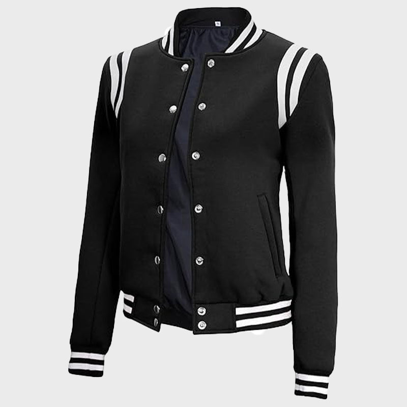 Women Black And White Varsity Jacket Varsity Jacket women front product view | Dash Racegear — Women's Baseball White And Black Varsity Letterman Jacket