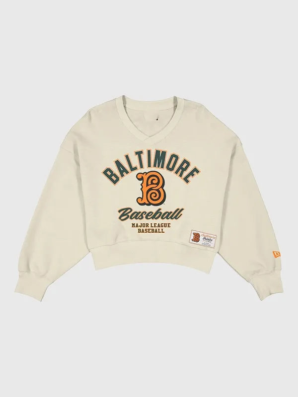 Baltimore Orioles 2026 City Connect V-Neck Sweatshirt Sweatshirt unisex front product view | Dash Racegear — Women’s Baltimore Orioles New Era Cream 2026 City Connect V-Neck Sweatshirt, soft fleece fit for cozy stadium game-day style.