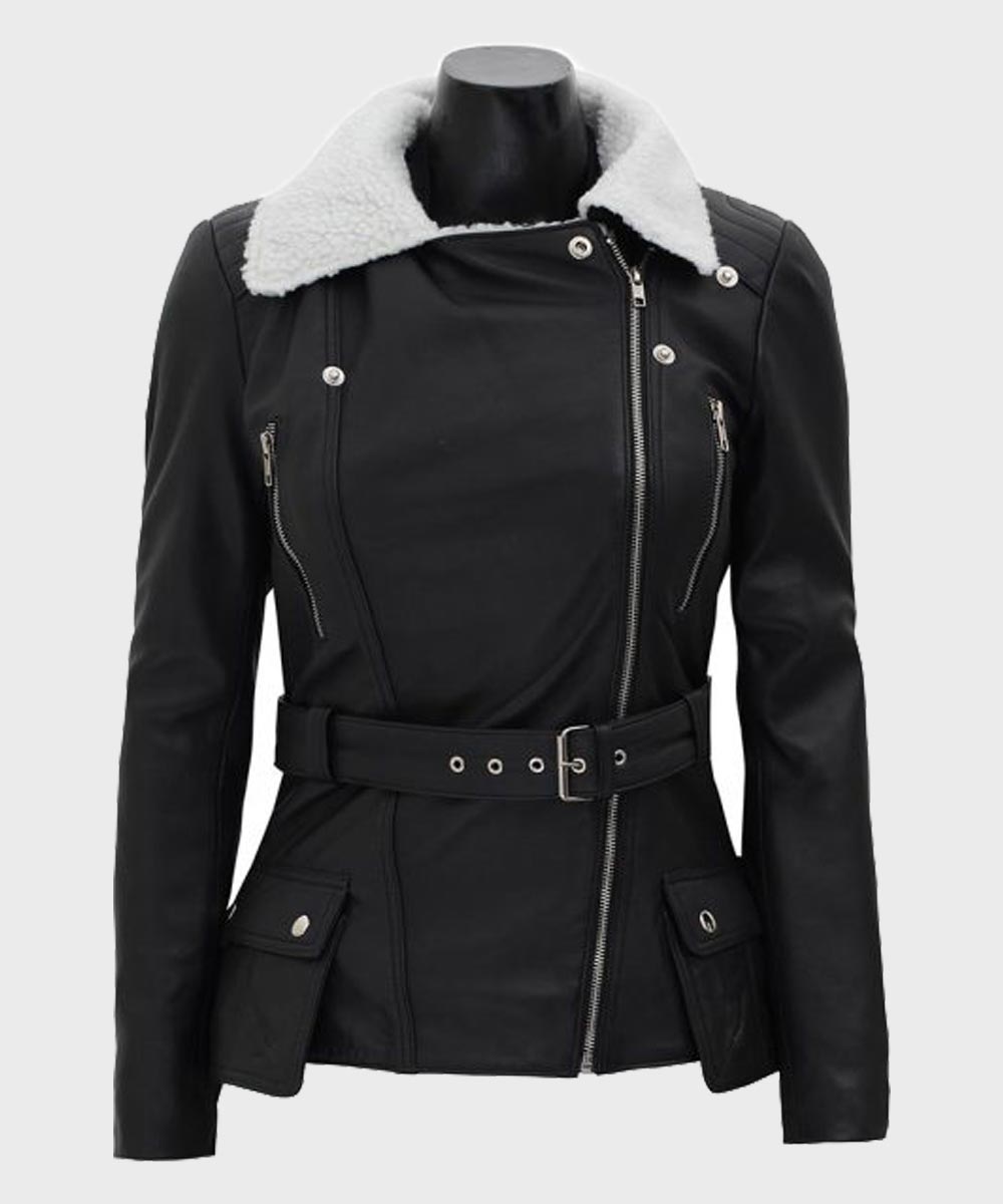 Womens Shearling Black Belted Asymmetrical Biker Leather Jacket Leather Jacket women detail view 2 | Dash Racegear — Womens Black Belted Shearling Leather Jacket
