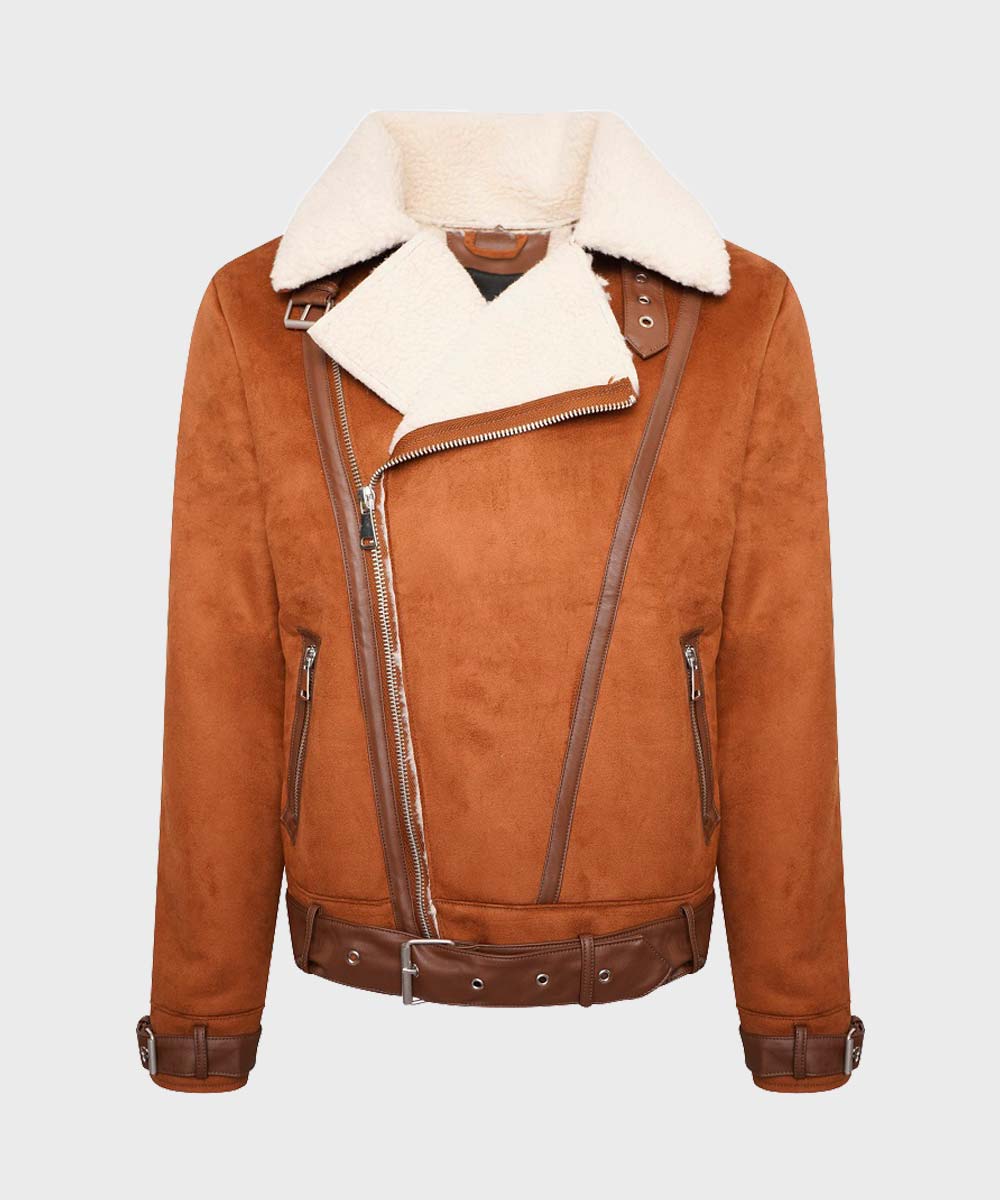Womens Aviator Brown Leather Shearling Jacket Jacket women front product view | Dash Racegear — Womens Shearling Brown Aviator Leather Jacket