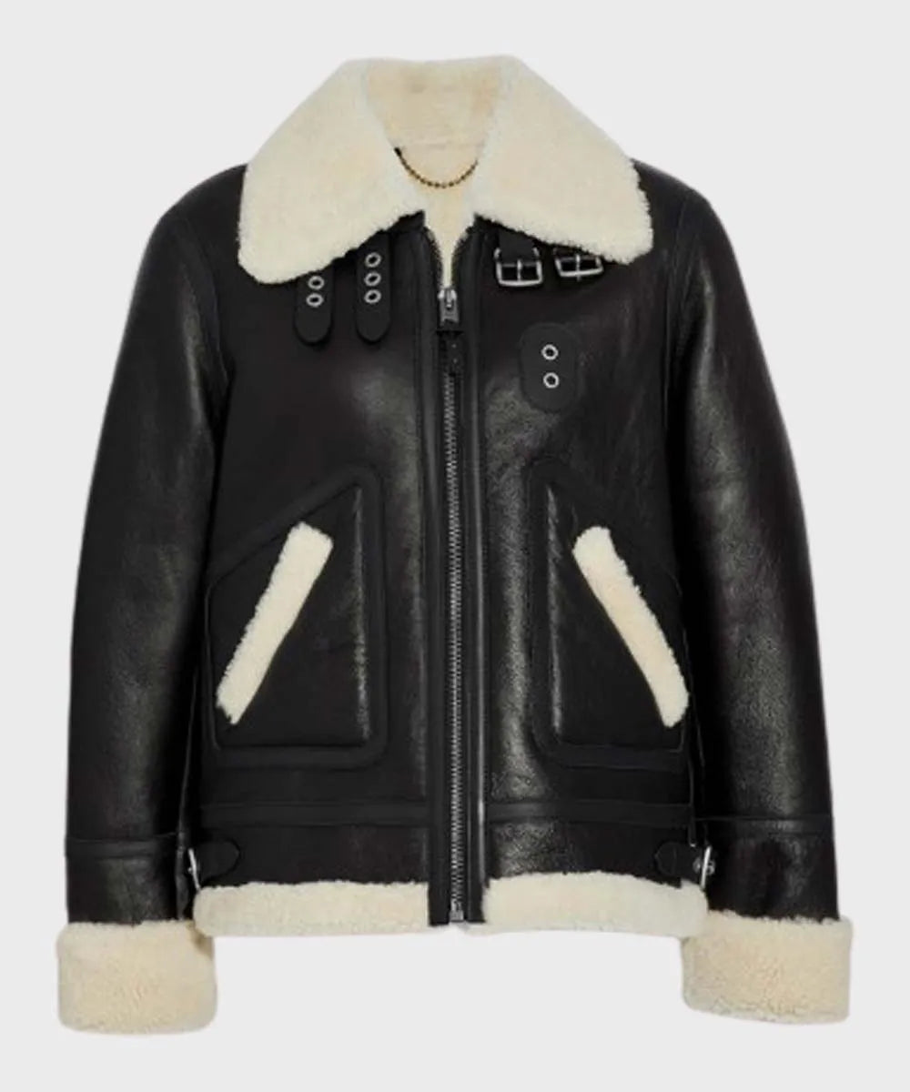Womens Aviator Ivory Shearling Leather Jacket Leather Jacket women front product view | Dash Racegear — Womens-Aviator-Ivory-Shearling-Leather-Jacket
