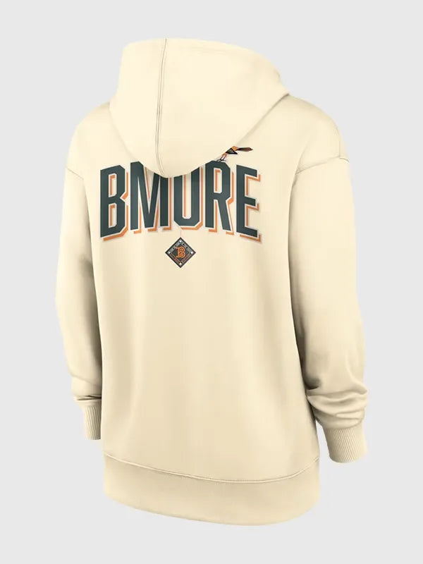 Baltimore Orioles 2026 City Connect Hoodie Hoodie unisex detail view 4 | Dash Racegear — Baltimore Orioles Nike 2026 City Connect women’s hoodie in cream, Therma fabric for chilly outdoor outings.