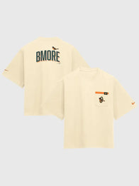 Baltimore Orioles 2026 City Connect Pocket Boxy T-Shirt Shirt unisex front product view | Dash Racegear — Women’s Baltimore Orioles Nike 2026 City Connect cream boxy tee with pocket, relaxed fit for everyday sporty style.