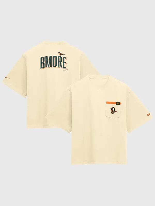 Baltimore Orioles 2026 City Connect Pocket Boxy T-Shirt Shirt unisex front product view | Dash Racegear — Women’s Baltimore Orioles Nike 2026 City Connect cream boxy tee with pocket, relaxed fit for everyday sporty style.