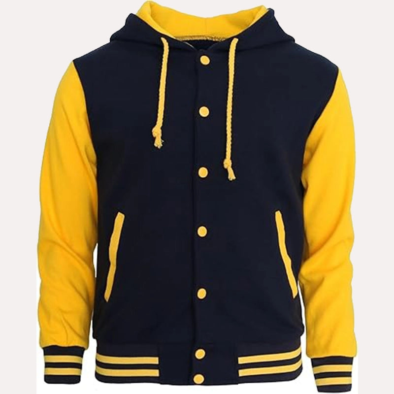 Womens Navy Blue and Yellow Hooded Varsity Jacket Varsity Jacket women front product view | Dash Racegear — Womens Navy Blue and Yellow Hooded Varsity Jacket