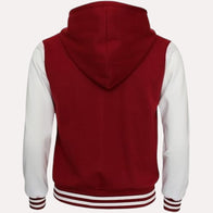 Womens Red and White Hooded Varsity Jacket Varsity Jacket women detail view 2 | Dash Racegear — Womens Red and White Hooded Varsity Jacket