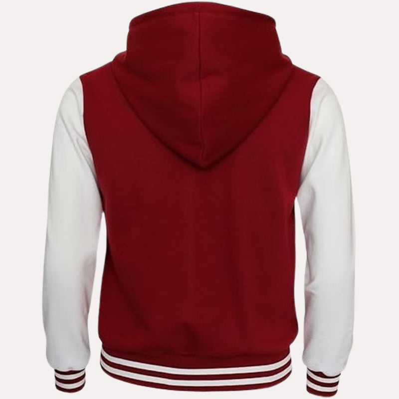 Womens Red and White Hooded Varsity Jacket Varsity Jacket women detail view 2 | Dash Racegear — Womens Red and White Hooded Varsity Jacket