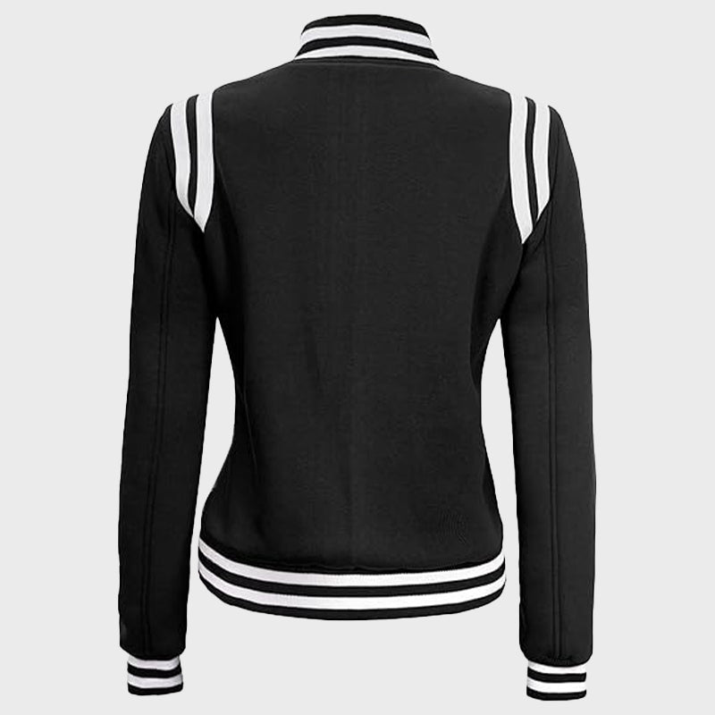 Women Black And White Varsity Jacket Varsity Jacket women detail view 3 | Dash Racegear — Women's Baseball White And Black Letterman Varsity Jacket