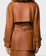 Womens Brown Belted Leather Coat Jacket women detail view 4 | Dash Racegear — Women's Brown Belted Mid-Length Coat