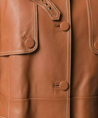 Womens Brown Belted Leather Coat Jacket women detail view 3 | Dash Racegear — Brown Belted Women's Leather Coat
