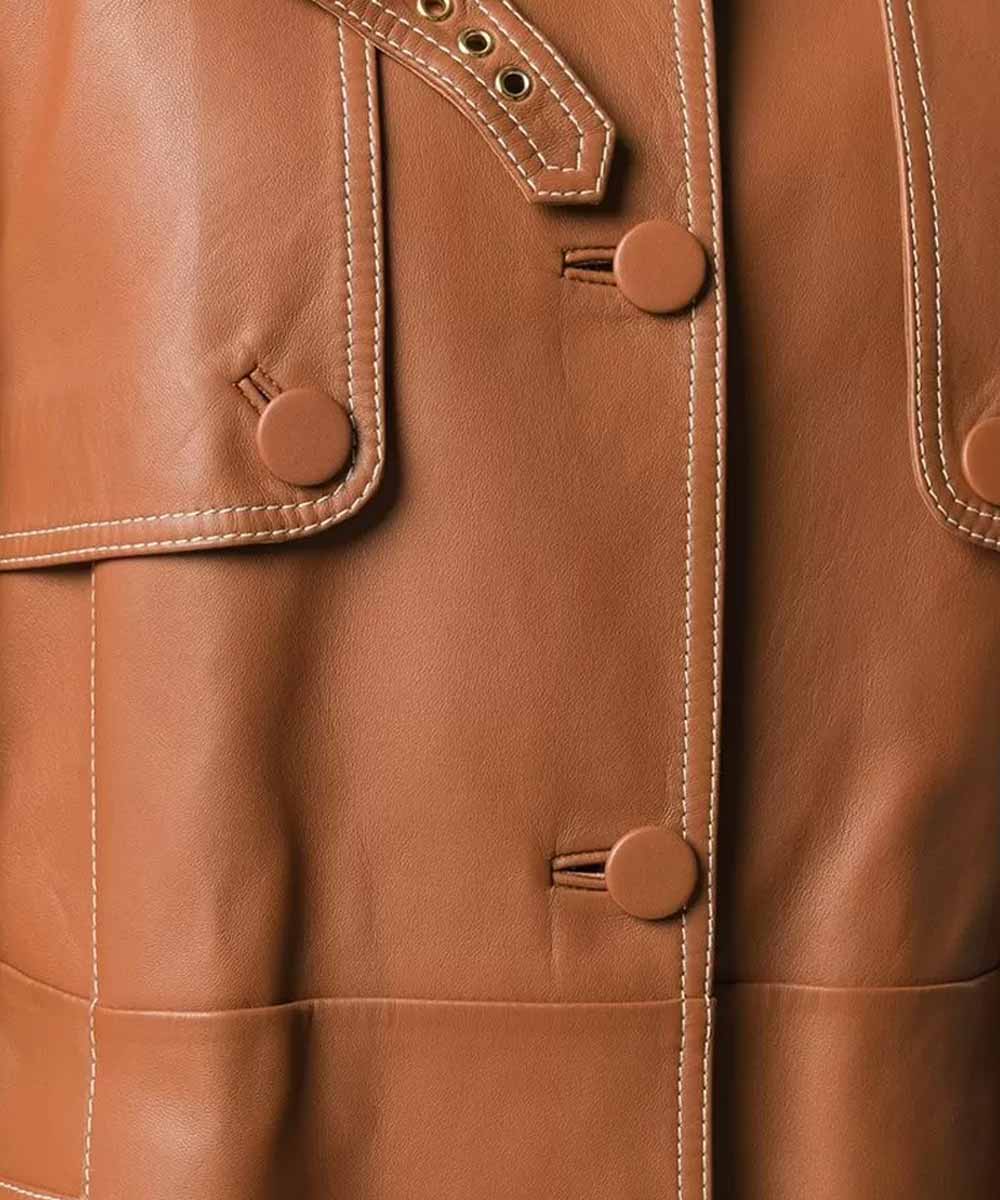 Womens Brown Belted Leather Coat Jacket women detail view 3 | Dash Racegear — Brown Belted Women's Leather Coat