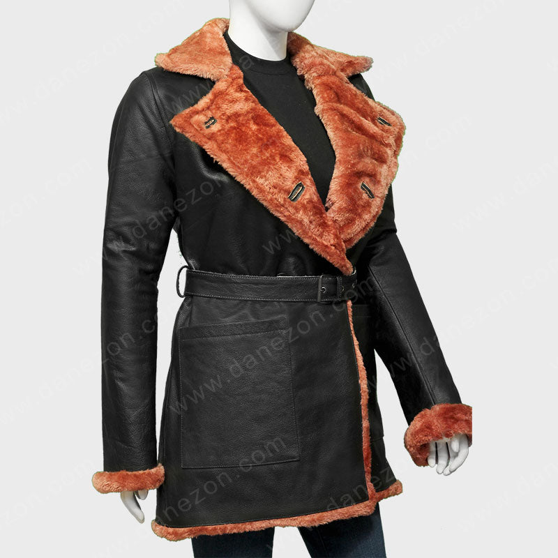 Womens Black Belted Shearling Double Breasted Leather Coat Jacket women detail view 3 | Dash Racegear — Womens Shearling Belted Black Coat