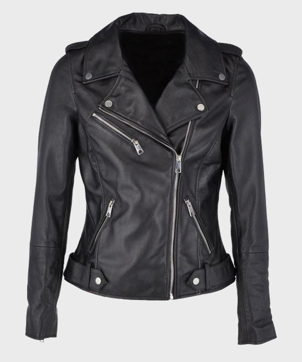 Womens Biker Black Leather Jacket Leather Jacket women front product view | Dash Racegear — Women's Asymmetrical Black Leather Biker Motorcycle Jacket
