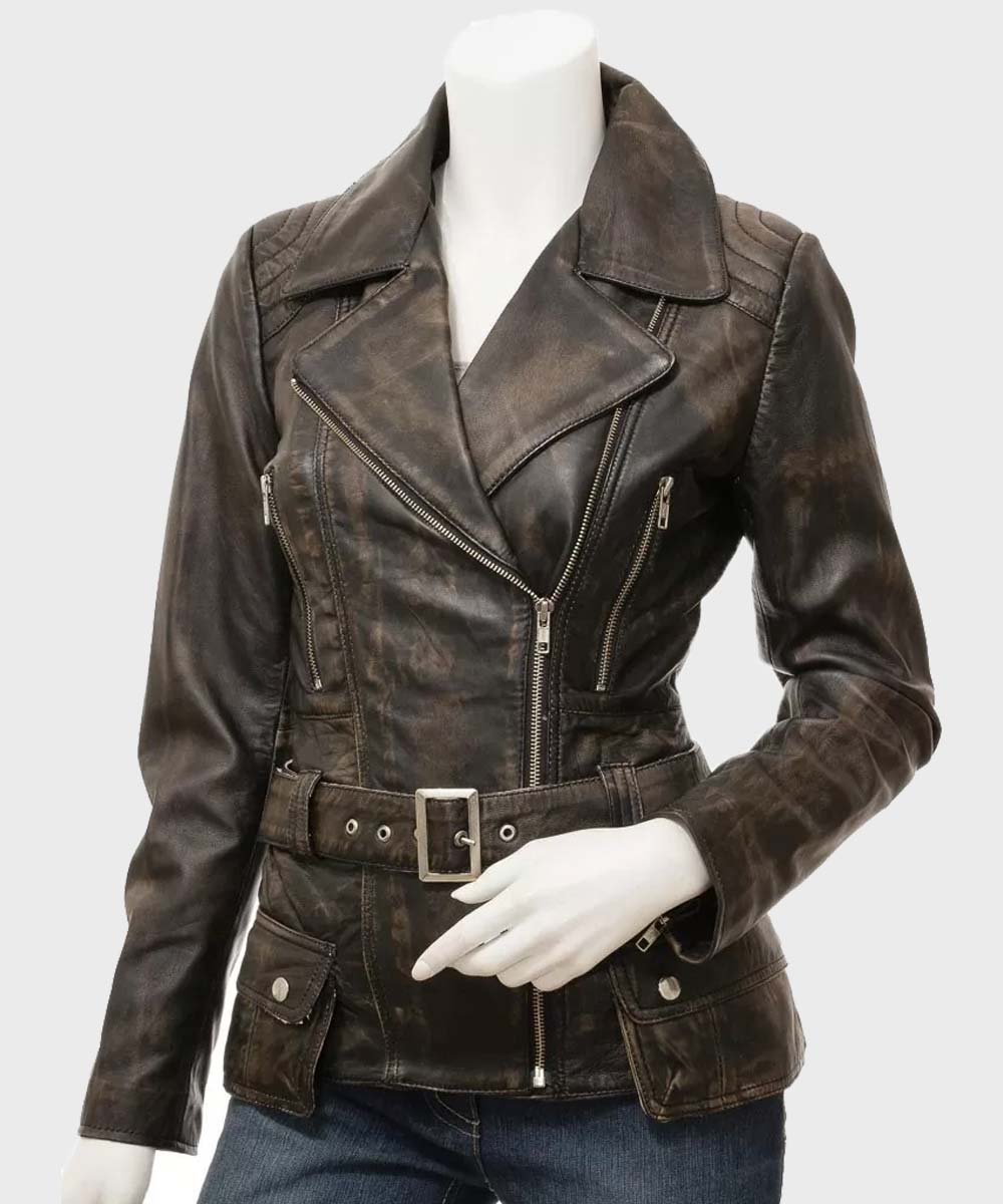 Womens Biker Vintage Leather Jacket Leather Jacket women front product view | Dash Racegear — Womens Vintage Leather Biker Jacket