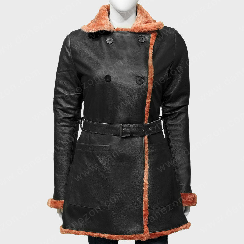 Womens Black Belted Shearling Double Breasted Leather Coat Jacket women front product view | Dash Racegear — Womens Belted Black Leather Shearling Coat for Sale