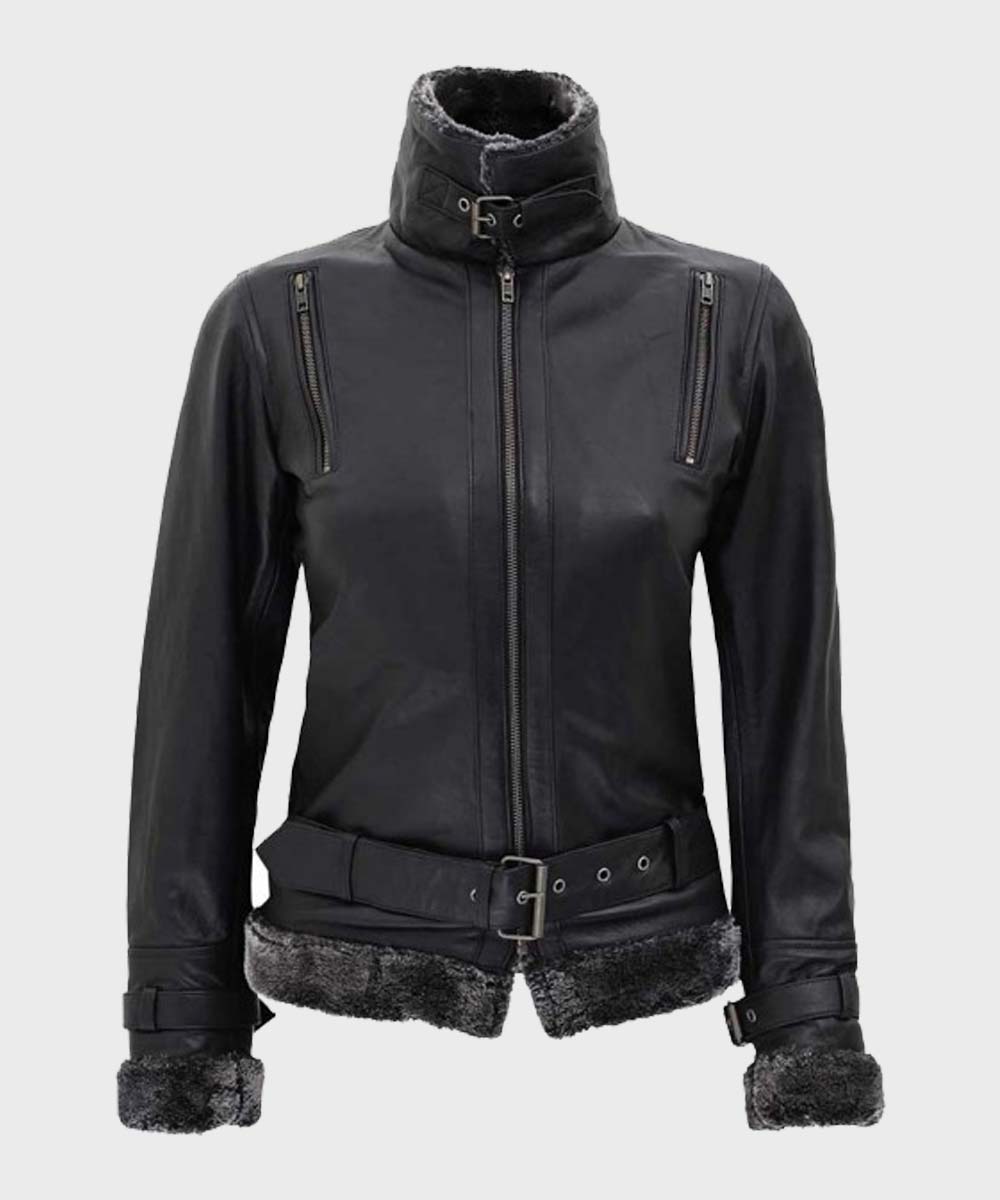 Womens Black Leather Shearling Jacket Jacket women detail view 2 | Dash Racegear — Womens Shearling Leather Black Jacket