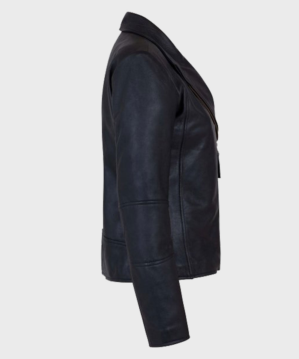 Womens Shawl Collar Black Leather Jacket Biker Jacket women detail view 2 | Dash Racegear — Womens Biker Black Motorcycle Leather Jacket