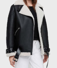 Womens Black Biker Shearling Jacket Biker Jacket women front product view | Dash Racegear — Black Belted Asymmetrical Womens Motorcycle Leather Jacket