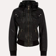 Womens Black Leather Hooded Bomber Jacket Bomber Jacket women front product view | Dash Racegear — Womens Black Leather Hooded Bomber Jacket