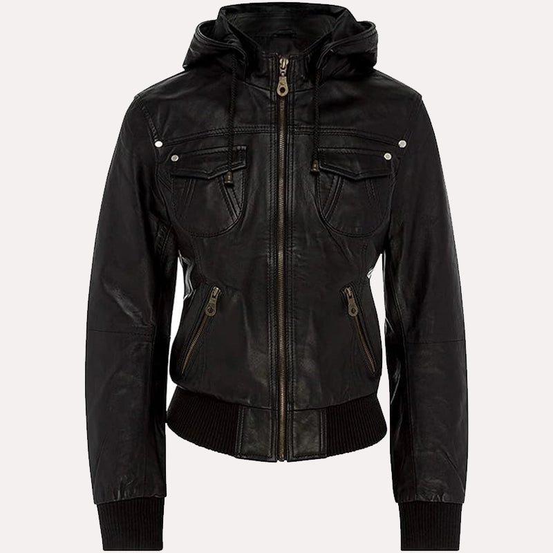 Womens Black Leather Hooded Bomber Jacket Bomber Jacket women front product view | Dash Racegear — Womens Black Leather Hooded Bomber Jacket