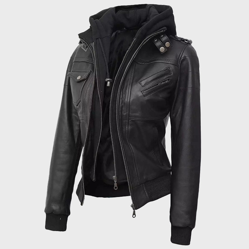 Womens Black Bomber Hooded Leather Jacket Leather Jacket women front product view | Dash Racegear — Women Bomber Leather Black Jacket