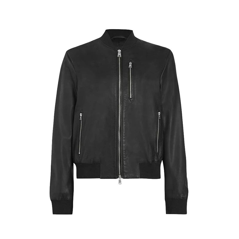 Ashley Black Bomber Leather Jacket Bomber Jacket unisex front product view | Dash Racegear — Women's Bomber Black Leather Jacket