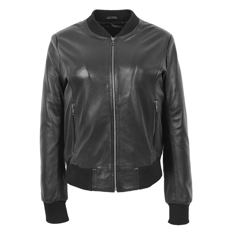 Margaret Black Bomber Leather Jacket Bomber Jacket unisex front product view | Dash Racegear — Black Bomber Leather Jacket