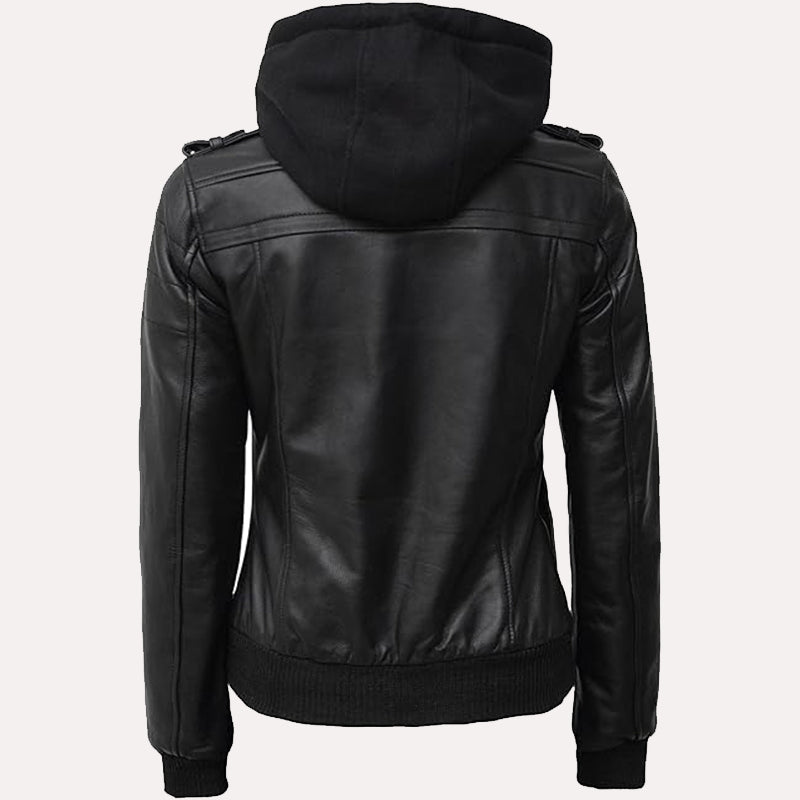 Womens Black Hooded Bomber Leather Jacket Leather Jacket women detail view 3 | Dash Racegear — Womens Black Hooded Bomber Leather Jacket with Removeable Hood