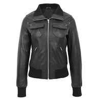 Womens Black Bomber Leather Jacket Bomber Jacket women front product view | Dash Racegear — Black Bomber Leather Jacket