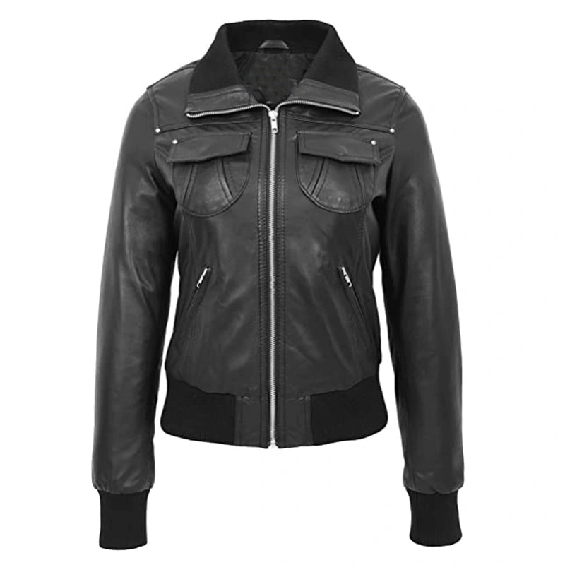 Womens Black Bomber Leather Jacket Bomber Jacket women front product view | Dash Racegear — Black Bomber Leather Jacket
