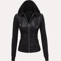 Womens Hooded Black Faux Leather Jacket Leather Jacket women front product view | Dash Racegear — Women's Black Hooded Faux Leather Jacket