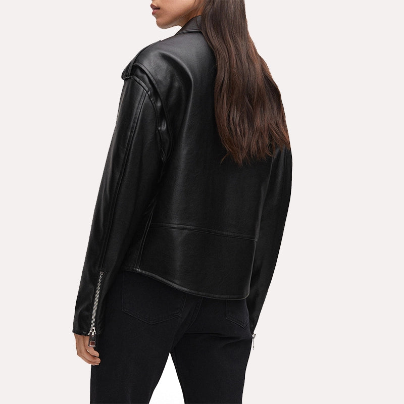 Womens Oversized Motorcycle Black Leather Jacket Leather Jacket women detail view 2 | Dash Racegear — Women's Black Oversized Faux Leather Motorcycle Jacket