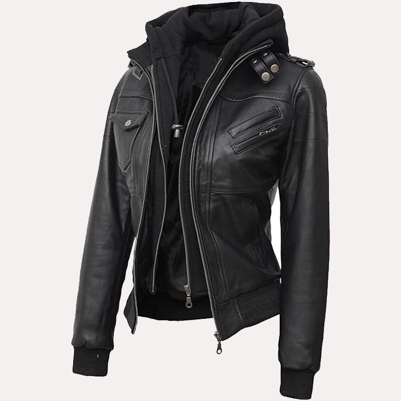 Womens Black Hooded Bomber Leather Jacket Leather Jacket women detail view 2 | Dash Racegear — Black Hooded Bomber Leather Jacket