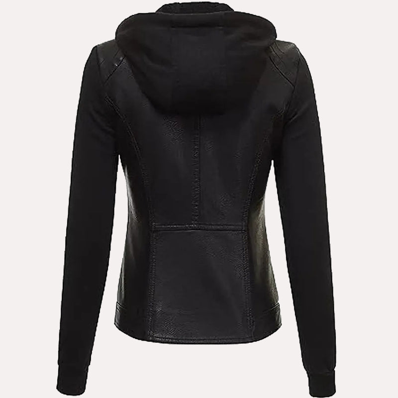 Womens Hooded Black Faux Leather Jacket Leather Jacket women detail view 2 | Dash Racegear — Women's Black Faux Leather Hooded Jacket