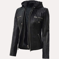 Womens Black Hooded Leather Jacket Leather Jacket women detail view 2 | Dash Racegear — Black Hooded Leather Jacket For Women’s