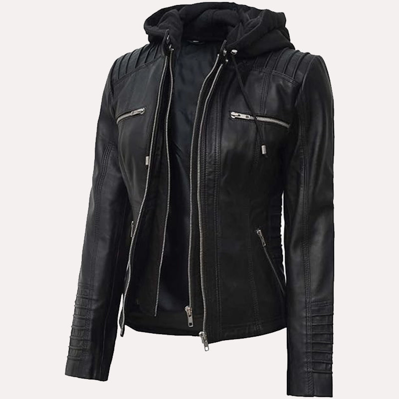 Womens Black Hooded Leather Jacket Leather Jacket women detail view 2 | Dash Racegear — Black Hooded Leather Jacket For Women’s