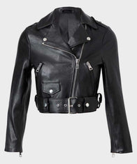 Womens Black Leather Cropped Jacket Biker Jacket women front product view | Dash Racegear — Womens Stylish Black Sheepskin Leather Cropped Jacket