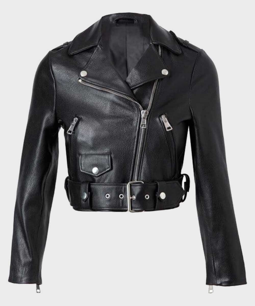 Womens Black Leather Cropped Jacket Biker Jacket women front product view | Dash Racegear — Womens Stylish Black Sheepskin Leather Cropped Jacket