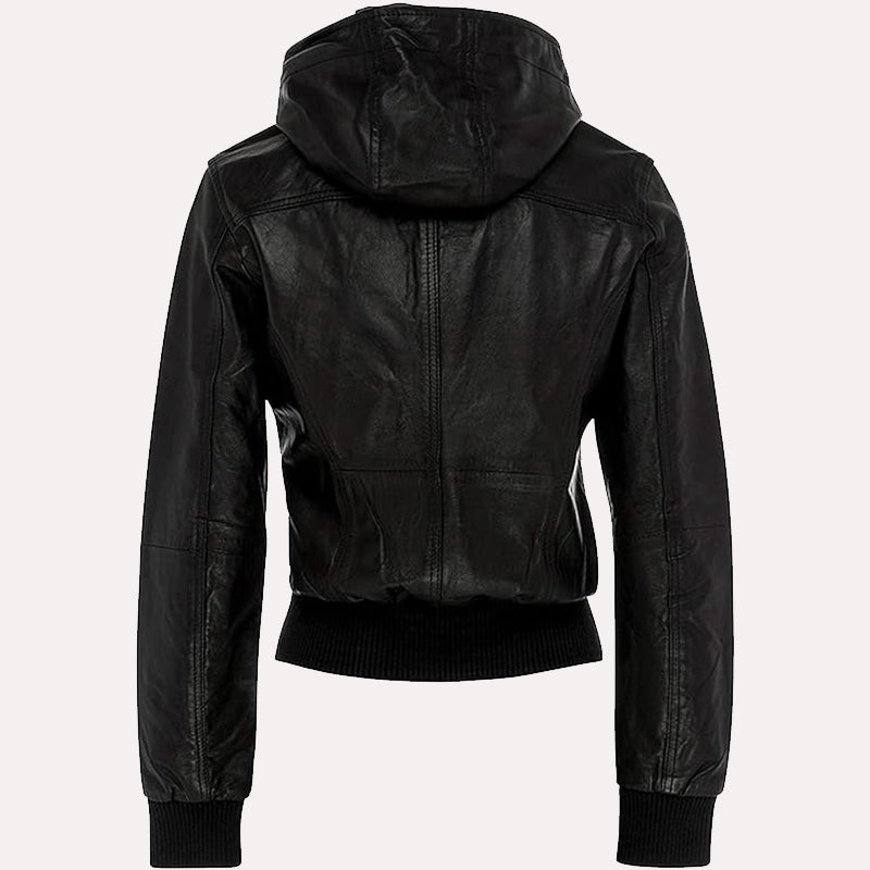 Womens Black Leather Hooded Bomber Jacket Bomber Jacket women detail view 2 | Dash Racegear — Womens Black Bomber Biker Hooded Leather Jacket
