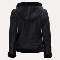 Womens Black Leather Hooded Shearling Jacket Leather Jacket women detail view 3 | Dash Racegear — Black Shearling Leather Jacket with Hood
