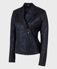 Womens Shawl Collar Black Leather Jacket Biker Jacket women front product view | Dash Racegear — Womens Shawl Collar Black Leather Jacket
