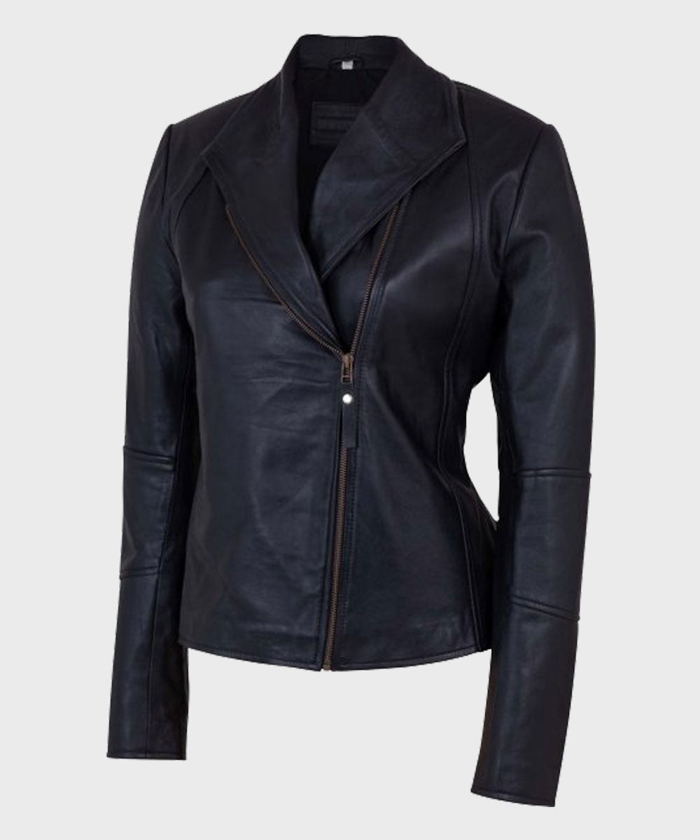 Womens Shawl Collar Black Leather Jacket Biker Jacket women front product view | Dash Racegear — Womens Shawl Collar Black Leather Jacket