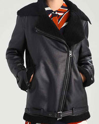 Womens Black Leather Shearling Aviator Jacket Jacket women front product view | Dash Racegear — Womens Black Shearling Aviator Jacket